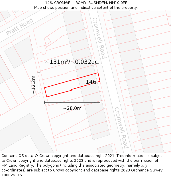 146, CROMWELL ROAD, RUSHDEN, NN10 0EF: Plot and title map