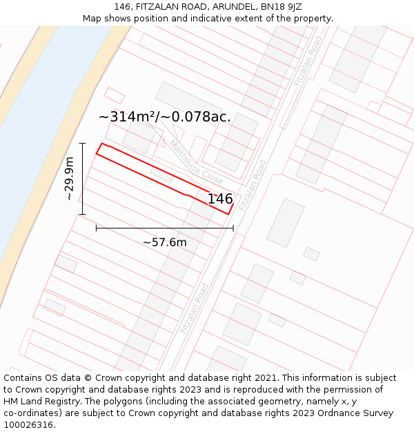 146, FITZALAN ROAD, ARUNDEL, BN18 9JZ: Plot and title map