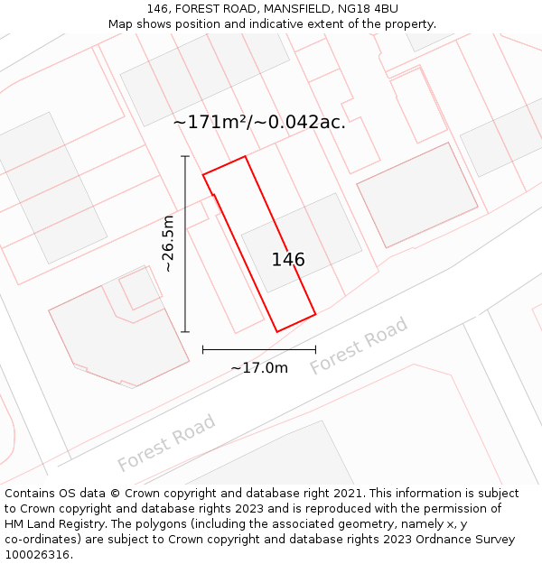 146, FOREST ROAD, MANSFIELD, NG18 4BU: Plot and title map