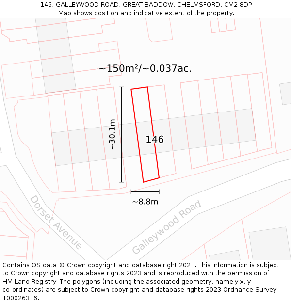 146, GALLEYWOOD ROAD, GREAT BADDOW, CHELMSFORD, CM2 8DP: Plot and title map