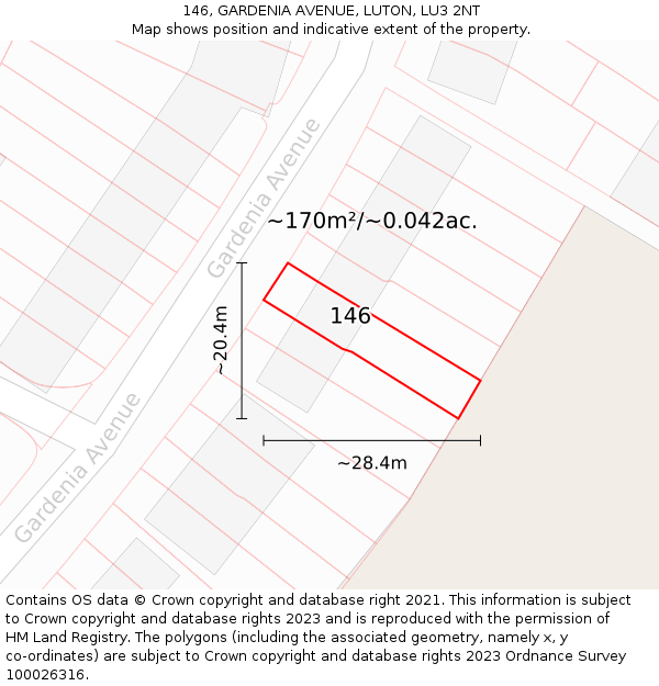146, GARDENIA AVENUE, LUTON, LU3 2NT: Plot and title map