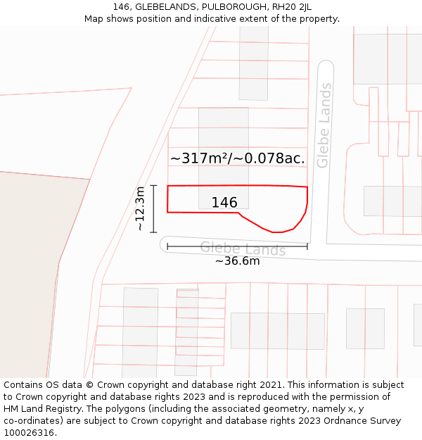 146, GLEBELANDS, PULBOROUGH, RH20 2JL: Plot and title map