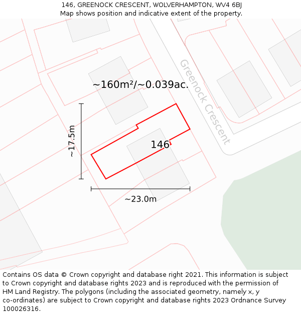 146, GREENOCK CRESCENT, WOLVERHAMPTON, WV4 6BJ: Plot and title map