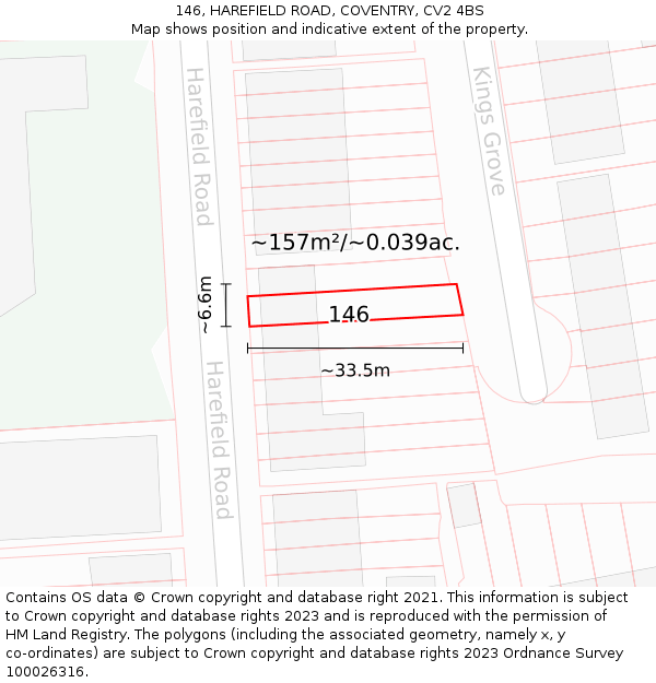 146, HAREFIELD ROAD, COVENTRY, CV2 4BS: Plot and title map