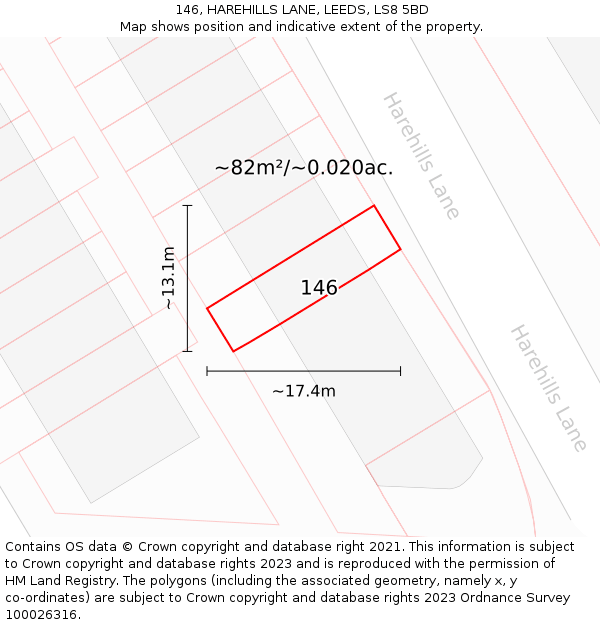 146, HAREHILLS LANE, LEEDS, LS8 5BD: Plot and title map