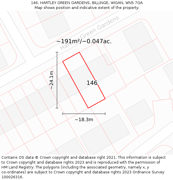146, HARTLEY GREEN GARDENS, BILLINGE, WIGAN, WN5 7GA: Plot and title map