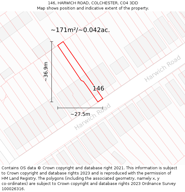 146, HARWICH ROAD, COLCHESTER, CO4 3DD: Plot and title map