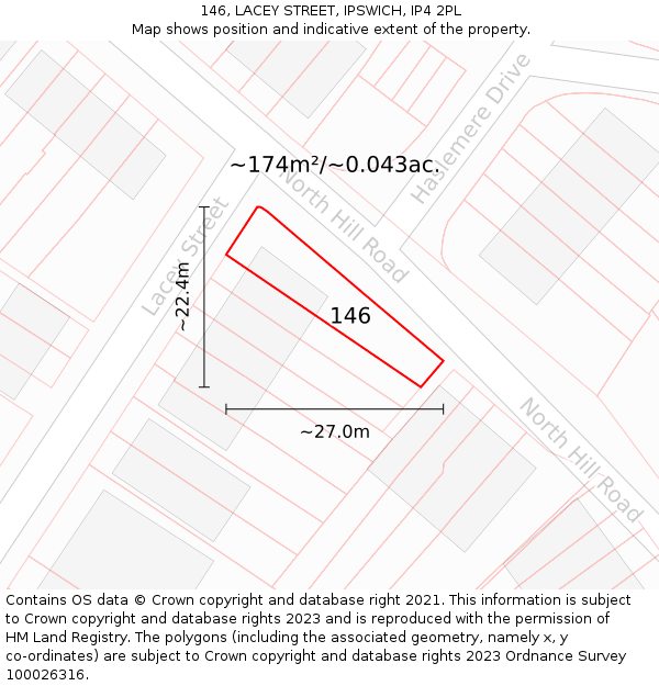146, LACEY STREET, IPSWICH, IP4 2PL: Plot and title map