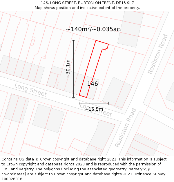 146, LONG STREET, BURTON-ON-TRENT, DE15 9LZ: Plot and title map