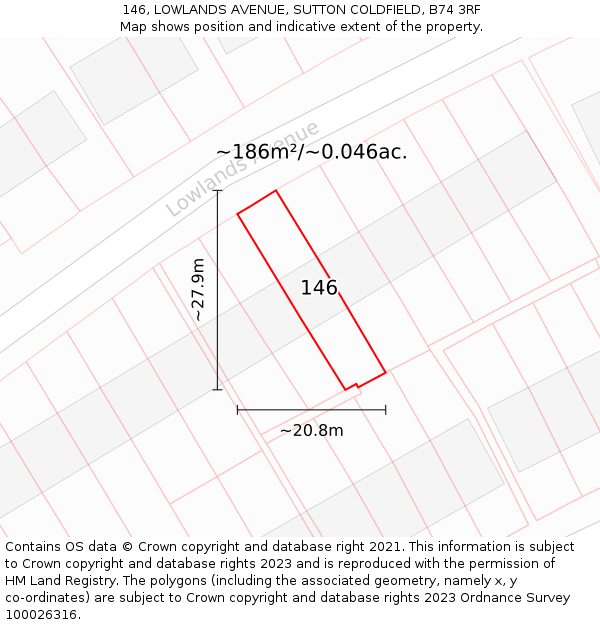 146, LOWLANDS AVENUE, SUTTON COLDFIELD, B74 3RF: Plot and title map