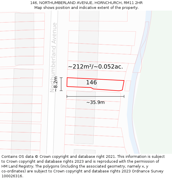 146, NORTHUMBERLAND AVENUE, HORNCHURCH, RM11 2HR: Plot and title map