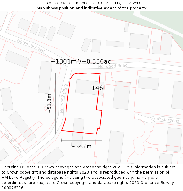 146, NORWOOD ROAD, HUDDERSFIELD, HD2 2YD: Plot and title map