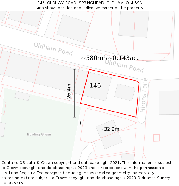 146, OLDHAM ROAD, SPRINGHEAD, OLDHAM, OL4 5SN: Plot and title map