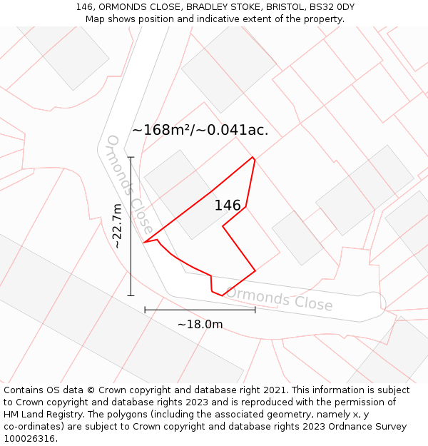 146, ORMONDS CLOSE, BRADLEY STOKE, BRISTOL, BS32 0DY: Plot and title map