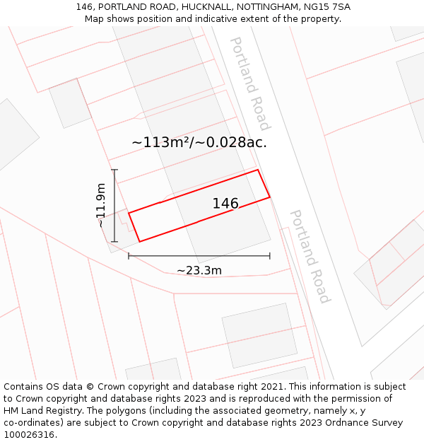 146, PORTLAND ROAD, HUCKNALL, NOTTINGHAM, NG15 7SA: Plot and title map