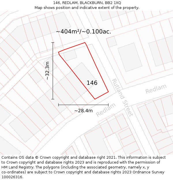 146, REDLAM, BLACKBURN, BB2 1XQ: Plot and title map