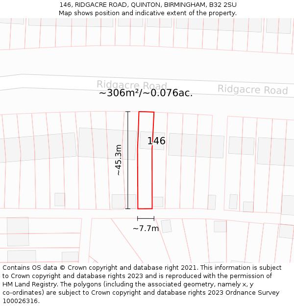 146, RIDGACRE ROAD, QUINTON, BIRMINGHAM, B32 2SU: Plot and title map