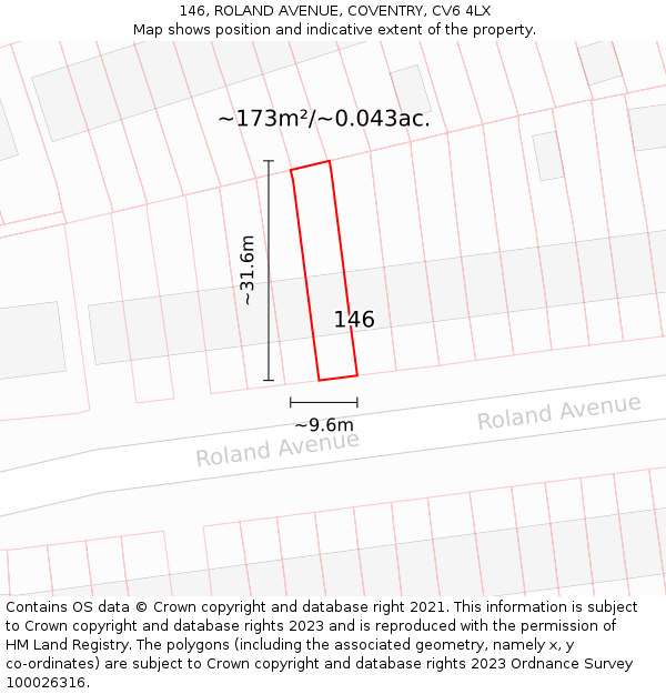 146, ROLAND AVENUE, COVENTRY, CV6 4LX: Plot and title map