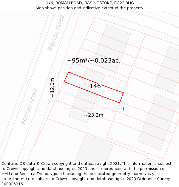 146, ROMAN ROAD, BASINGSTOKE, RG23 8HG: Plot and title map