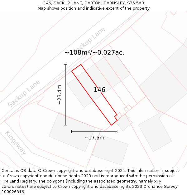146, SACKUP LANE, DARTON, BARNSLEY, S75 5AR: Plot and title map