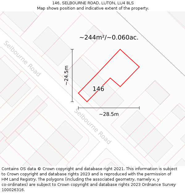 146, SELBOURNE ROAD, LUTON, LU4 8LS: Plot and title map