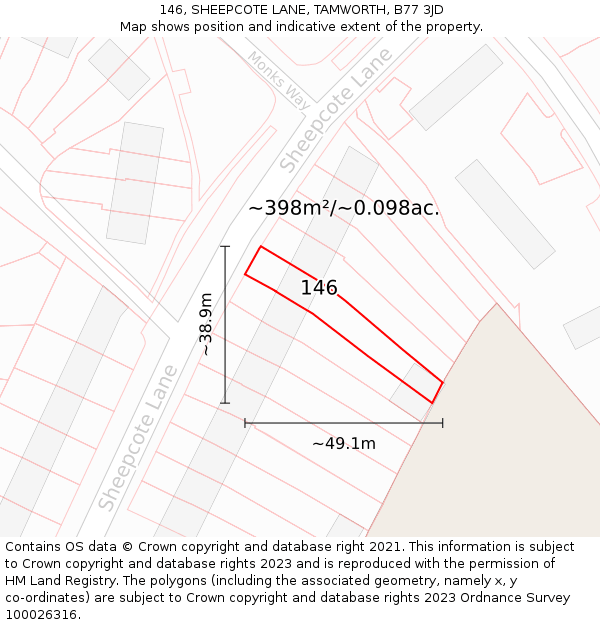 146, SHEEPCOTE LANE, TAMWORTH, B77 3JD: Plot and title map