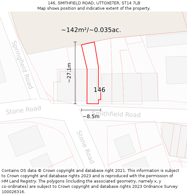 146, SMITHFIELD ROAD, UTTOXETER, ST14 7LB: Plot and title map
