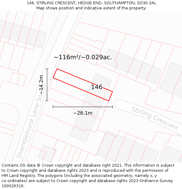 146, STIRLING CRESCENT, HEDGE END, SOUTHAMPTON, SO30 2AL: Plot and title map