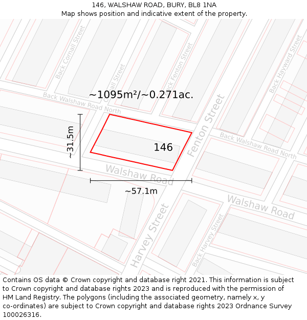 146, WALSHAW ROAD, BURY, BL8 1NA: Plot and title map