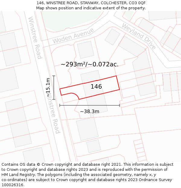 146, WINSTREE ROAD, STANWAY, COLCHESTER, CO3 0QF: Plot and title map