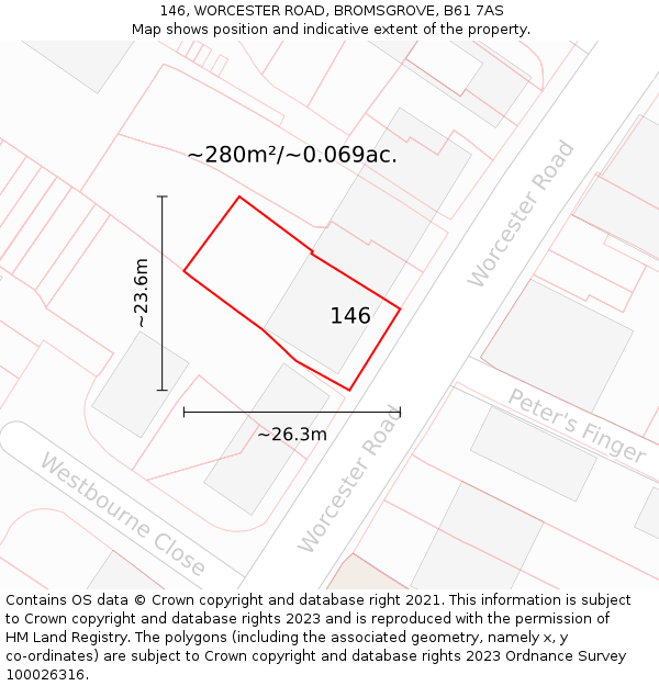 146, WORCESTER ROAD, BROMSGROVE, B61 7AS: Plot and title map