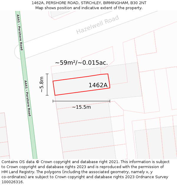 1462A, PERSHORE ROAD, STIRCHLEY, BIRMINGHAM, B30 2NT: Plot and title map