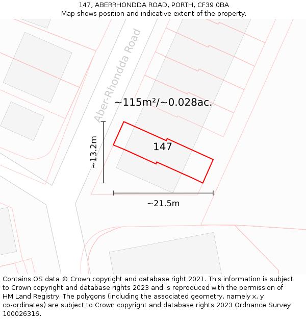 147, ABERRHONDDA ROAD, PORTH, CF39 0BA: Plot and title map
