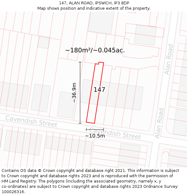 147, ALAN ROAD, IPSWICH, IP3 8DP: Plot and title map