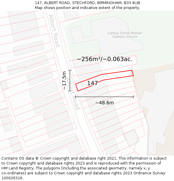 147, ALBERT ROAD, STECHFORD, BIRMINGHAM, B33 8UB: Plot and title map