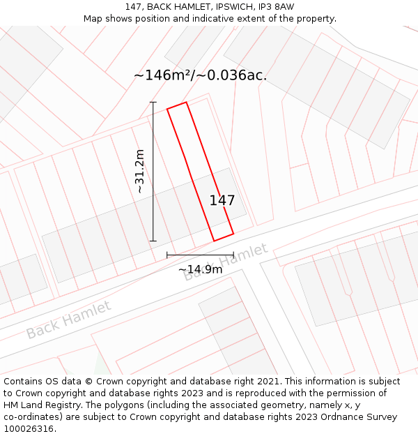 147, BACK HAMLET, IPSWICH, IP3 8AW: Plot and title map