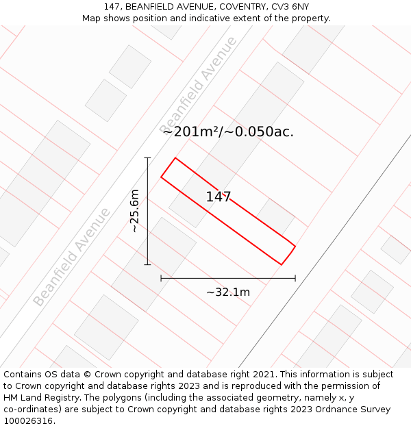 147, BEANFIELD AVENUE, COVENTRY, CV3 6NY: Plot and title map