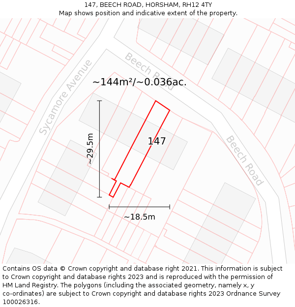 147, BEECH ROAD, HORSHAM, RH12 4TY: Plot and title map