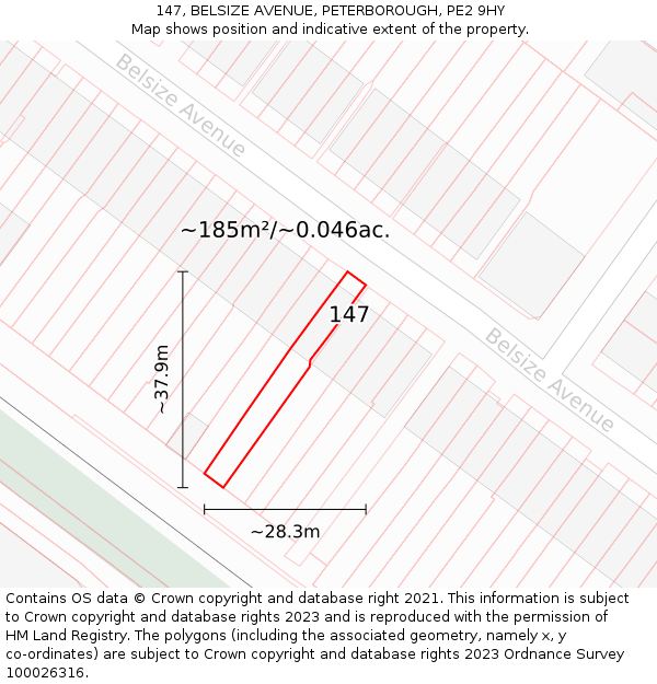 147, BELSIZE AVENUE, PETERBOROUGH, PE2 9HY: Plot and title map