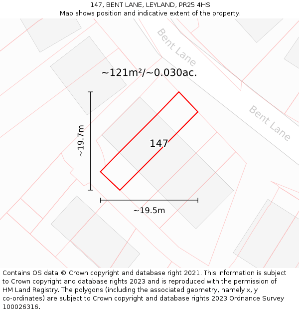 147, BENT LANE, LEYLAND, PR25 4HS: Plot and title map