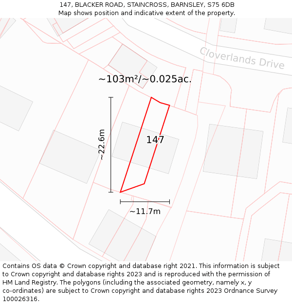 147, BLACKER ROAD, STAINCROSS, BARNSLEY, S75 6DB: Plot and title map