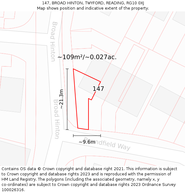 147, BROAD HINTON, TWYFORD, READING, RG10 0XJ: Plot and title map