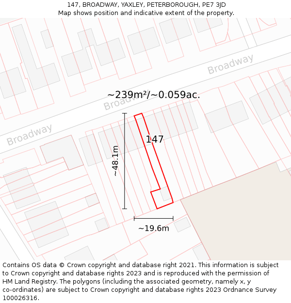 147, BROADWAY, YAXLEY, PETERBOROUGH, PE7 3JD: Plot and title map