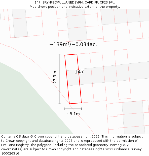 147, BRYNFEDW, LLANEDEYRN, CARDIFF, CF23 9PU: Plot and title map