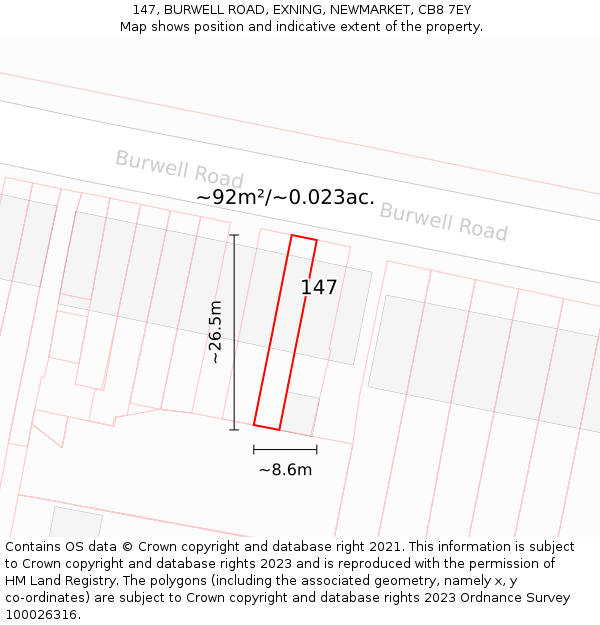 147, BURWELL ROAD, EXNING, NEWMARKET, CB8 7EY: Plot and title map