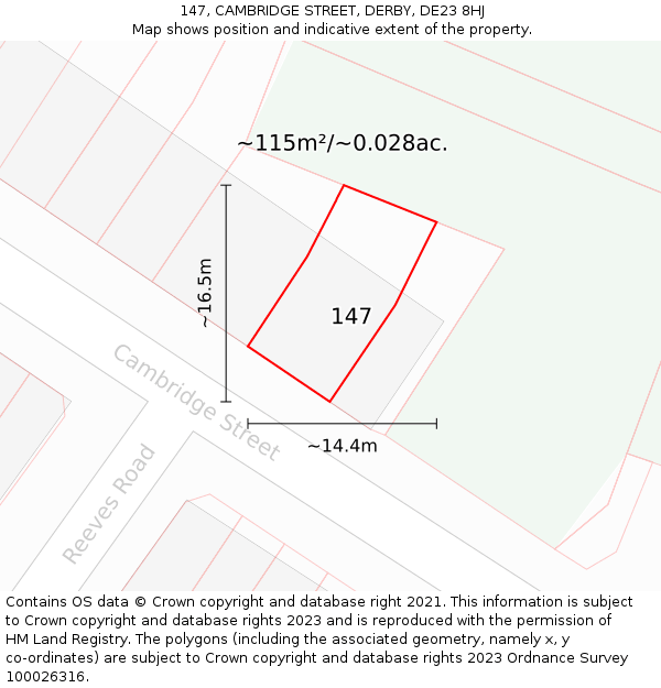 147, CAMBRIDGE STREET, DERBY, DE23 8HJ: Plot and title map