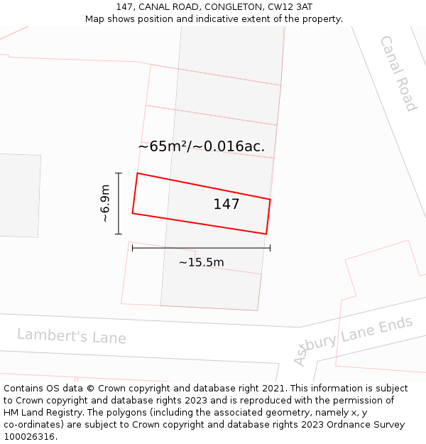 147, CANAL ROAD, CONGLETON, CW12 3AT: Plot and title map