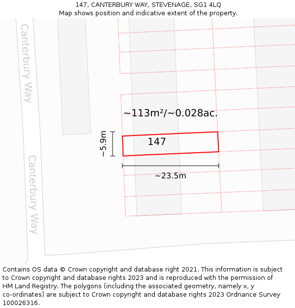 147, CANTERBURY WAY, STEVENAGE, SG1 4LQ: Plot and title map