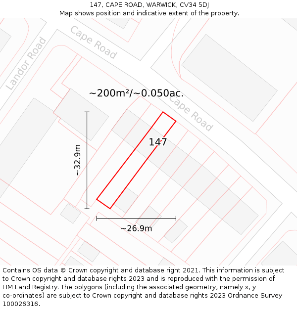 147, CAPE ROAD, WARWICK, CV34 5DJ: Plot and title map