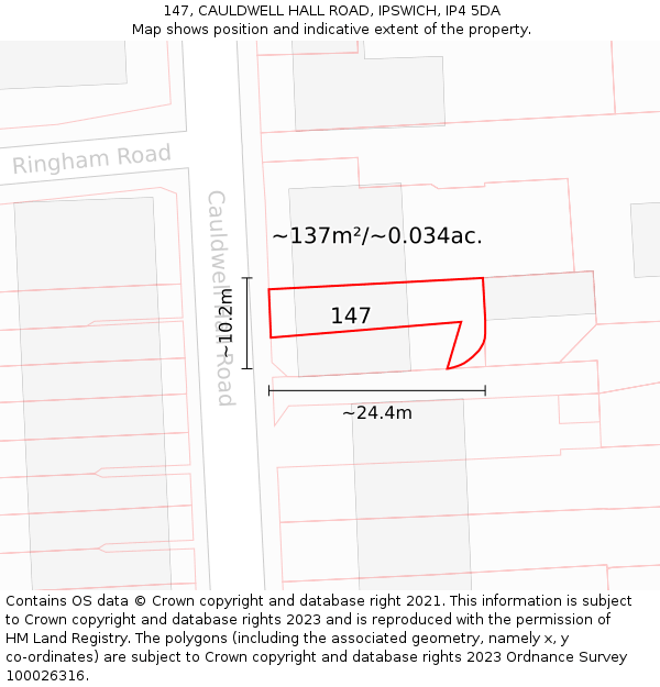 147, CAULDWELL HALL ROAD, IPSWICH, IP4 5DA: Plot and title map